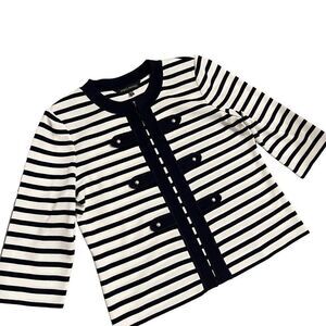 Ming Wang Women's PM Navy Blue White Striped Knit‎ Cardigan Petite Nautical Sail